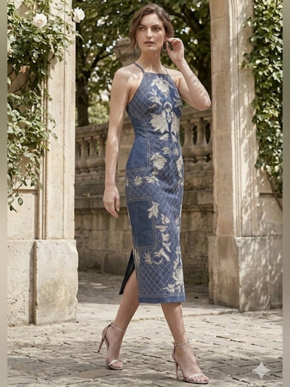NWT Karen Millen Beaded Embellished Denim Woven Halter Midi Dress US 6 - Picture 2 of 16